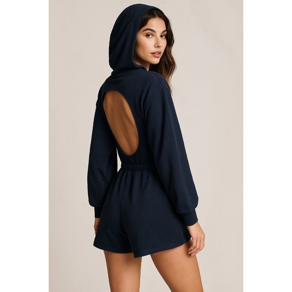 Free People Such a Flirt Romper Navy Blue Hooded Open Back Long Sleeve XS, S NEW - Picture 14 of 16